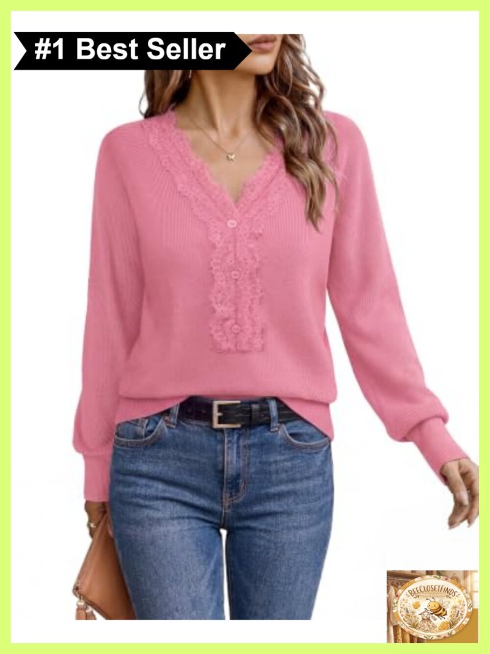 Women's Lace Trim V-Neck Long Sleeve Sweater for Work to Weekend